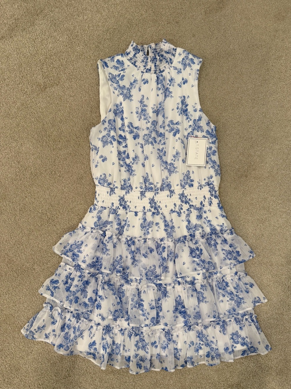 1. State White and Blue Floral Smocked Tiered Dress